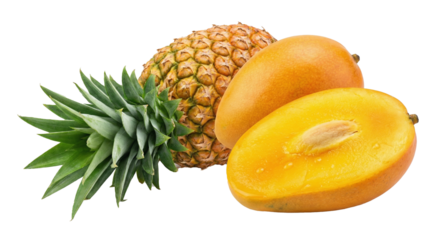 Ultra-detailed mango and pineapple composition, mango cut in half revealing golden flesh, tropical fruit, clean white background, commercial food photography