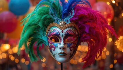 Masquerade Mask: A vibrant and exquisitely detailed masquerade mask with a profusion of colorful feathers and ornate embellishments. This festive mask invites mystery and glamour.