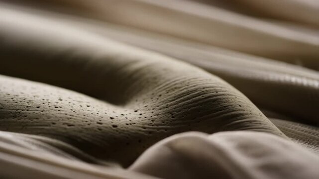 A detailed macro shot reveals the intricate texture of a beige fabric, showcasing its folds and unique surface.