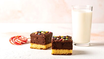 Delicious Chocolate Dessert Squares with Milk and Candy.