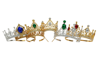 Hyperrealistic macro photograph of seven miniature crowns with gold and silver filigree, ruby, sapphire, and emerald gems, isolated on white. Concept of festive opulence