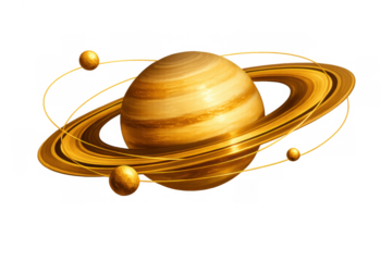 Golden saturn planet with rings and orbiting moons representing astrology, science, and the solar system