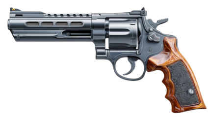 High-quality revolver with wooden grips on transparent background
