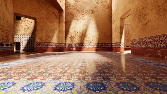 A traditional Moroccan riad interior featuring intricate tile patterns on the floor and walls. Sunlight illuminates textured walls and arched doorways, evoking a rich cultural ambiance.