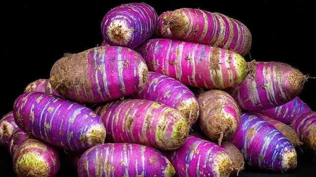 A striking pile of freshly harvested purple and striped root vegetables, showcasing their vibrant, colorful skin and earthy texture against a dark backdrop