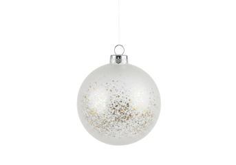 extreme close-up of a luxurious frosted glass christmas bauble with silver/gold glitter inside, hanging against a high-key white background for copy space. commercial holiday asset concept