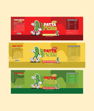 Colorful Pickle Jar Label Design in Yellow Red and Green with Traditional Food Branding Style. Ideal for food packaging, condiment branding, and product labels.