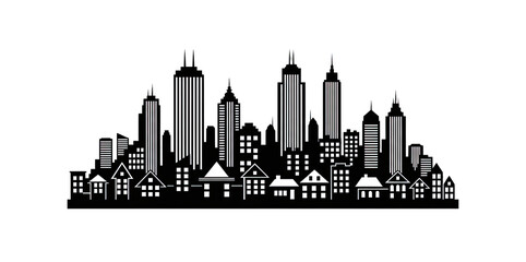Fototapeta premium Cityscape Silhouette With Tall Buildings And Small Houses At Night