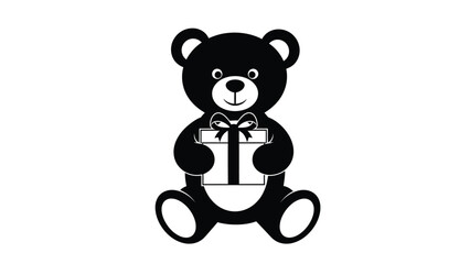 Obraz premium Black teddy bear holding a gift box with ribbon white white with icon and graphic and illustration and present Silhouette vector on whit Background