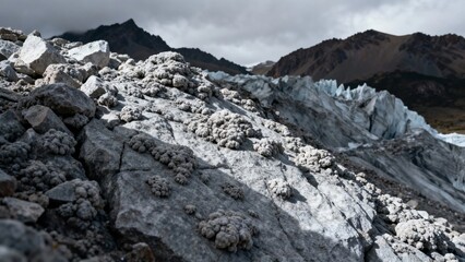 Rugged mountain terrain with rocky outcrops and ice formations under a cloudy sky