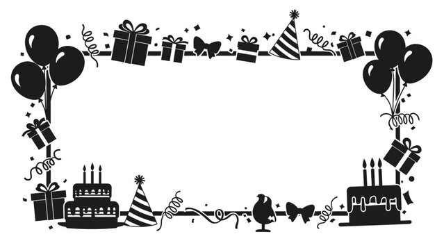 Black and white birthday border illustration with gifts cakes balloons and party hats white white with celebration Silhouette vector on whit Background