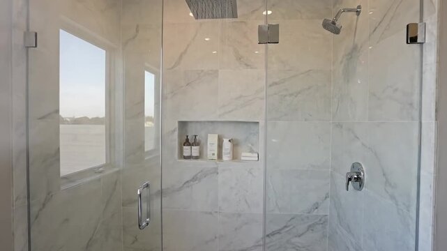 Modern bathroom interior with glass shower and marble walls