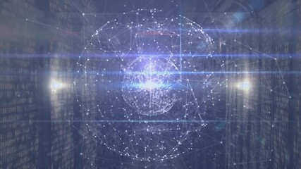 Animation of network of connections and globe over server room - Powered by Adobe