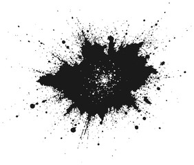 Dynamic abstract ink splash spreading from a central dark core, with scattered droplets and soft gray wisps. Evokes creativity, chaos, energy, and modern art suitable for posters