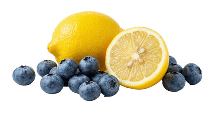 Realistic blueberries with fresh lemon, lemon sliced in half showing citrus texture, bright natural colors, minimal white background