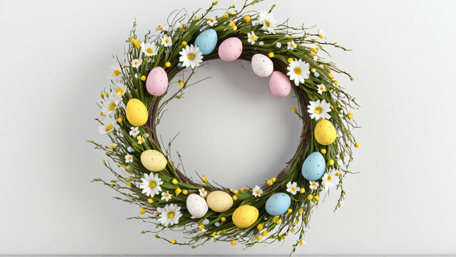 Fr&uuml;hlingshafter Osterkranz mit Blumen und Eiern auf wei&szlig;em Hintergrund