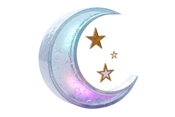 Icy crescent moon and three shining golden stars a shiny 3d render on transparent background