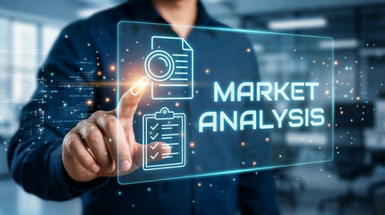 Businessman Touching Virtual Market Analysis Screen with Graphs and Charts in Modern Office