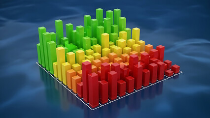 Fintech 3d data visualization showing a vibrant bar chart with green, yellow, and red columns on a minimalist blue background, symbolizing financial growth and decline.