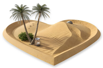 A heart-shaped desert scene featuring palm trees, sand dunes, and an hourglass isolated on transparent background