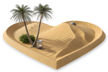 A heart-shaped desert scene featuring palm trees, sand dunes, and an hourglass isolated on transparent background