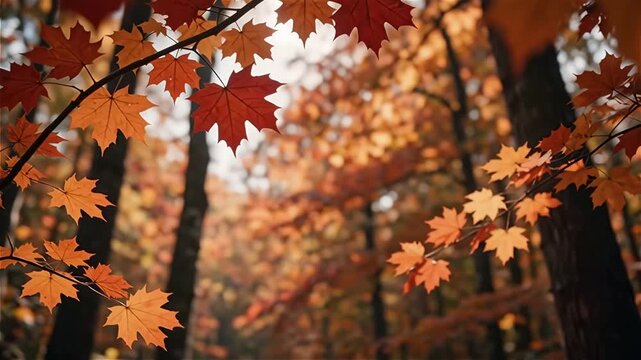 Warm autumn forest scene with orange maple leaves and soft sunlight, creating a cozy seasonal nature background ideal for fall design, travel, and relaxation.
