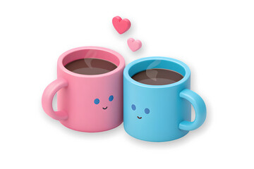 A pair of cute pink and blue coffee mugs in love, with floating hearts above them isolated on transparent background