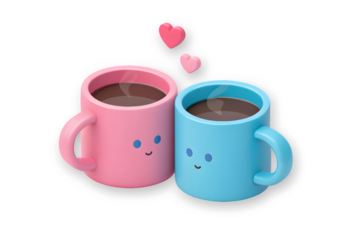 A pair of cute pink and blue coffee mugs in love, with floating hearts above them isolated on transparent background