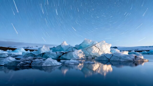 Star trails over floating icebergs in a calm arctic lake at night - Powered by Adobe