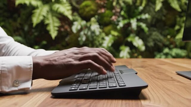 Person Typing on Keyboard with Green Foliage Background.