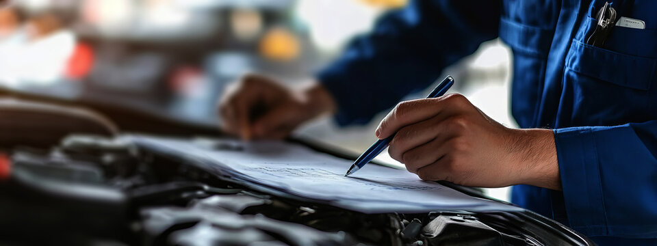 the mechanic is taking notes on the car with an open hood and holding a pen,