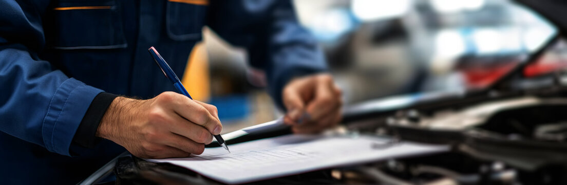 the mechanic is taking notes on the car with an open hood and holding a pen,