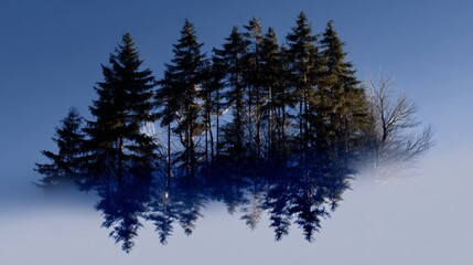 Abstract evergreen forest island with reflection on misty blue background.