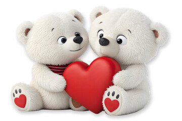 Two cute polar bear cubs hold a large red heart together, symbolizing love and friendship isolated on transparent background