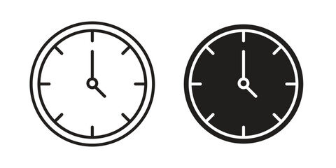Clock icons in a black filled and outlined style. Set of vector icons