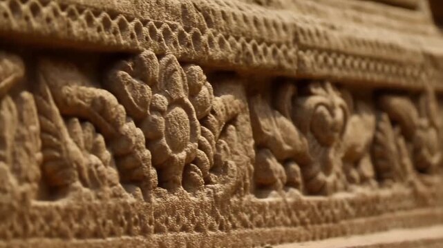 Close-up view of detailed ancient stone carvings on a temple, highlighting intricate patterns and textures.