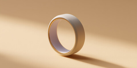 champagne beige ceramic smart sleep tracking ring with a lavender gray sensor on a warm light taupe background.