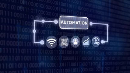 Automation technology concept with flowing binary code background, displaying essential icons for modern digital processes - Powered by Adobe