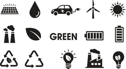 Comprehensive vector collection of flat design green energy icons featuring solar panels, wind turbines, recycling symbols, and electric transportation for environmental