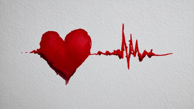 水彩のハートと手描き心電図を合わせた医療イメージ