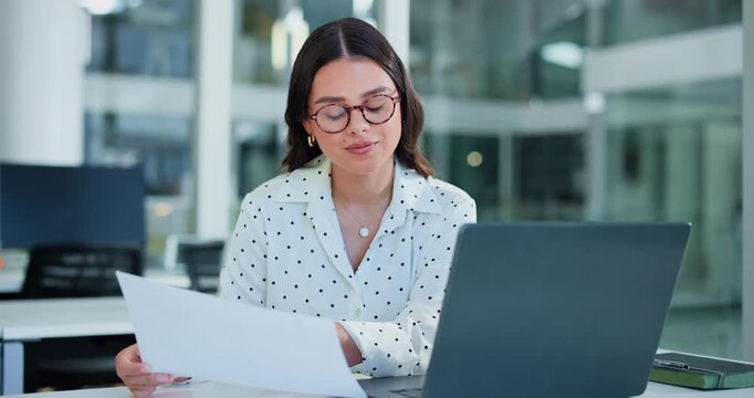 Laptop, typing or businesswoman with document in office, statement audit or check accounting compliance. Reading, record accuracy or person review finance report, bookkeeping or editing mistake on pc
