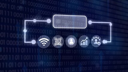 Digital technology flowchart with user data icons moving across binary code background - Powered by Adobe