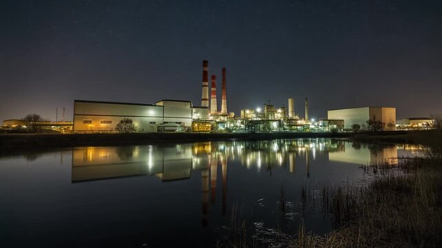 Illuminated Industrial Power Plant at Night with Reflection in Calm Water Under a Starry Sky