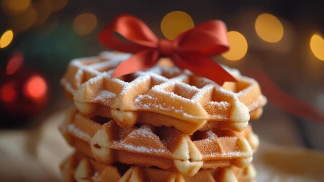 Stack of freshly baked waffles dusted with powdered sugar and adorned with a red bow, on a festive background.