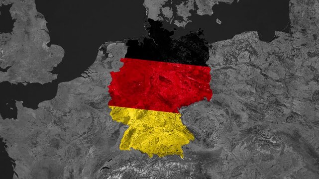 Zoom from Earth to Germany. (Country Flag) Documentary dark map animation with highlighted country borders. 3d satellite world map animation highlights aerial views, tourism, and travel. 4k