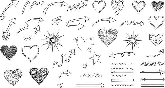 Set of hand drawn arrows doodle on black background. Doddle arrow set.