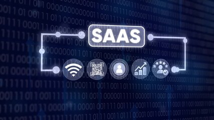Software as a service saas technology concept animation with digital icons over binary code background in blue motion - Powered by Adobe
