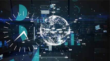 Ticking digital clock, spinning globe and screens with data processing against blue background - Powered by Adobe