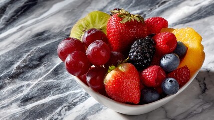 Fresh mixed berry salad with strawberries, blueberries and grapes in a white bowl on marble background.