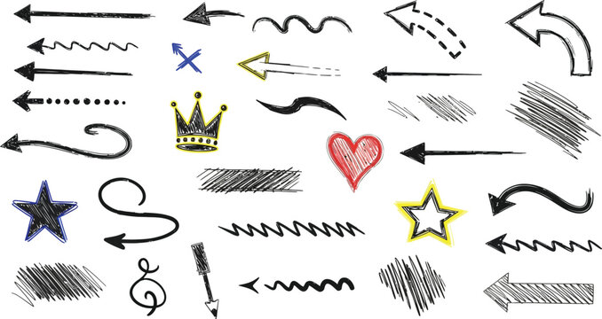 Set of hand drawn arrows doodle on black background. Doddle arrow set.